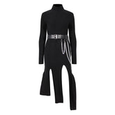 Asymmetric Cut Out Belted High Neck Long Sleeve Fitted Rib Knit Midi Dress